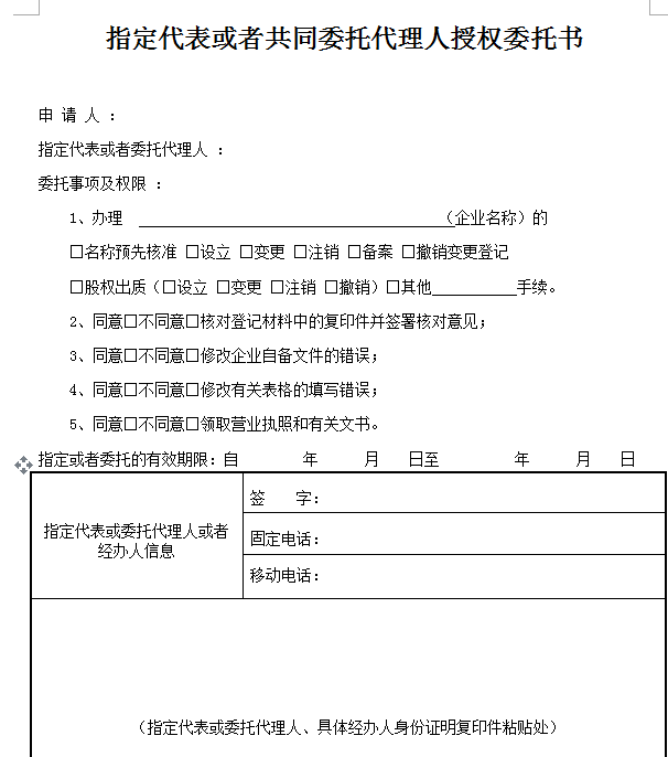 指定代表或者共同委托代理人授权委托书